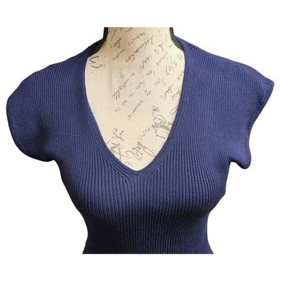 Lesley Evers Womens M/L Solid Navy Blue Ribbed Blouse Top Stretch Deep V Neck - Picture 2 of 10